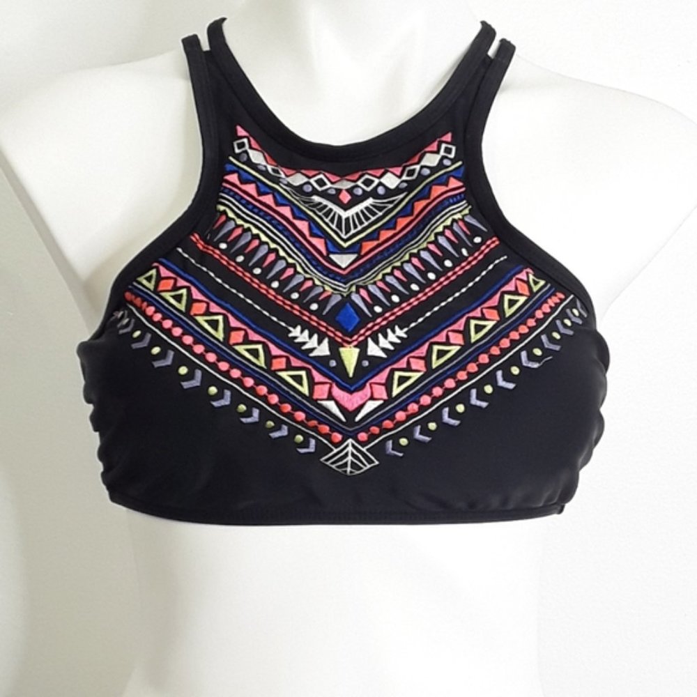 OP Hi Neck Halter Boho Strappy Back Bikini Top EUC sz L - Picture 6 of 6